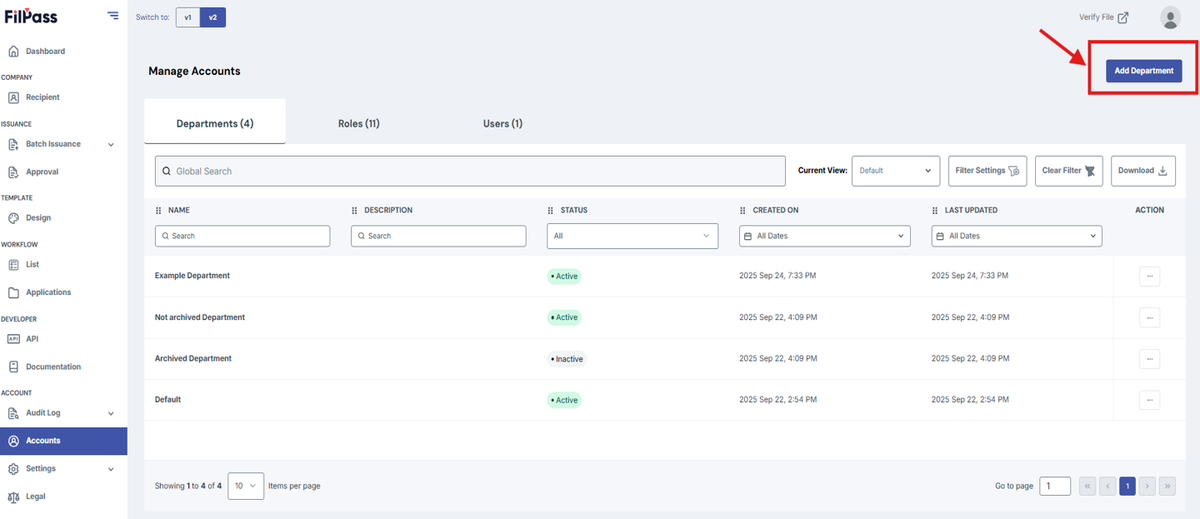 Image of the Department tab with the Add New Department button being highlighted.