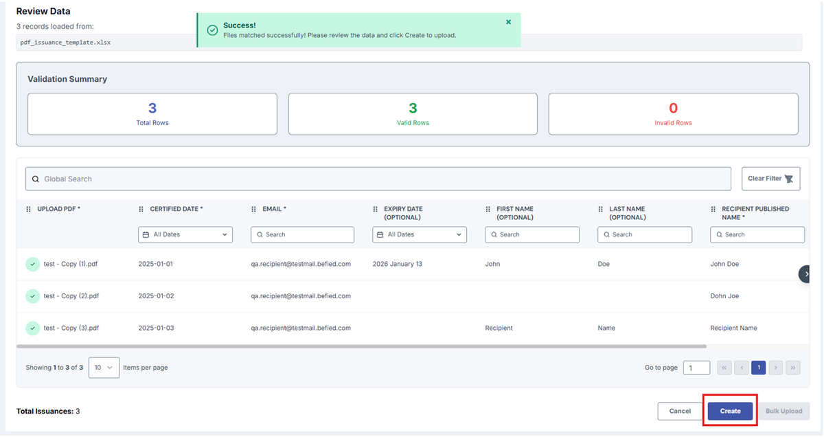 Image of Upload page with the Create button highlighted in a red box