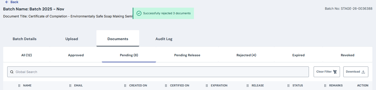 Image with Documents page with a pop up message "Successfully rejected 3 or (number of documents selected from checkbox) documents"