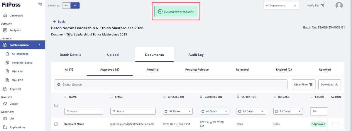 Image of the Documents page with the Successfully checked in pop up message highlighted in a red box