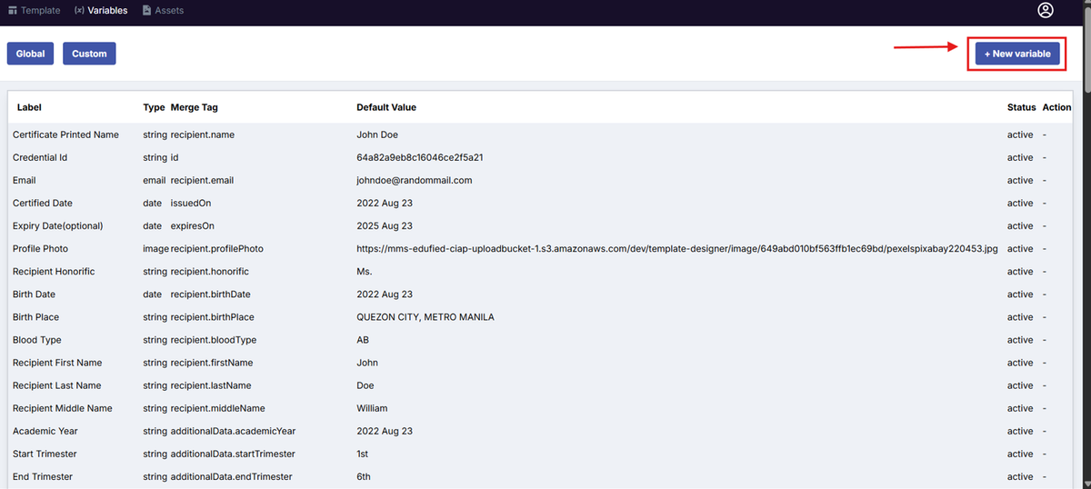 Image of the Variables page with the New Variable button highlighted in a red box
