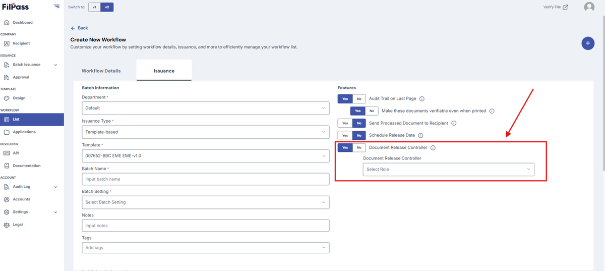 Image of the Issuance page with the Document Release Controller feature highlighted in a red box