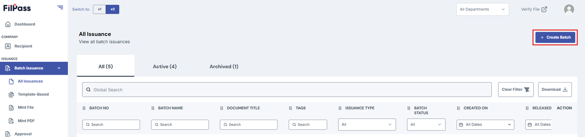 Image of the All Issuance page with the Create Batch button highlighted in a red box