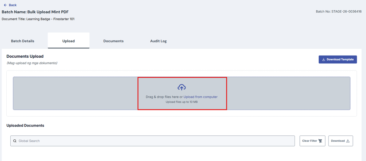 Image of Upload page with "Drag & drop or Upload from computer" section highlighted with a red box