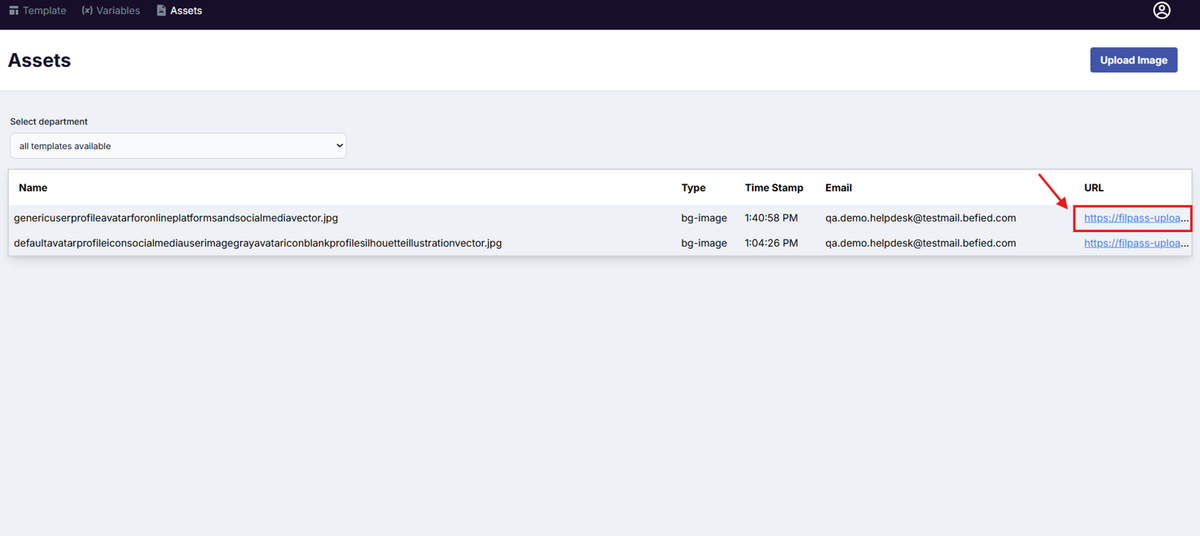 Image of the Assets page with the URL highlighted in a red box