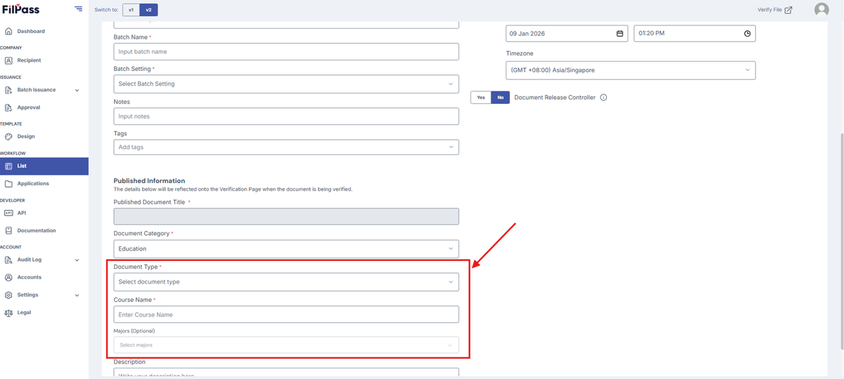 Image of the Issuance page with the Document Type, Course Name and Majors(Optional) fields are highlighted in a red box