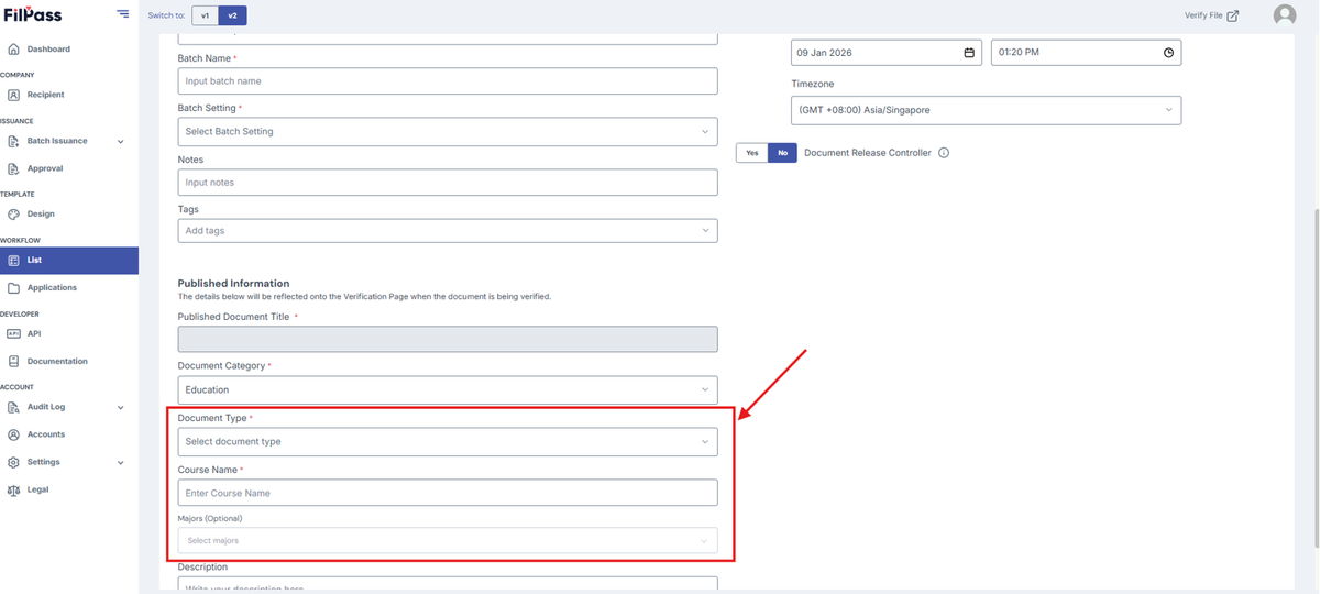 Image of the Issuance page with the Document Type, Course Name and Majors(Optional) fields are highlighted in a red box