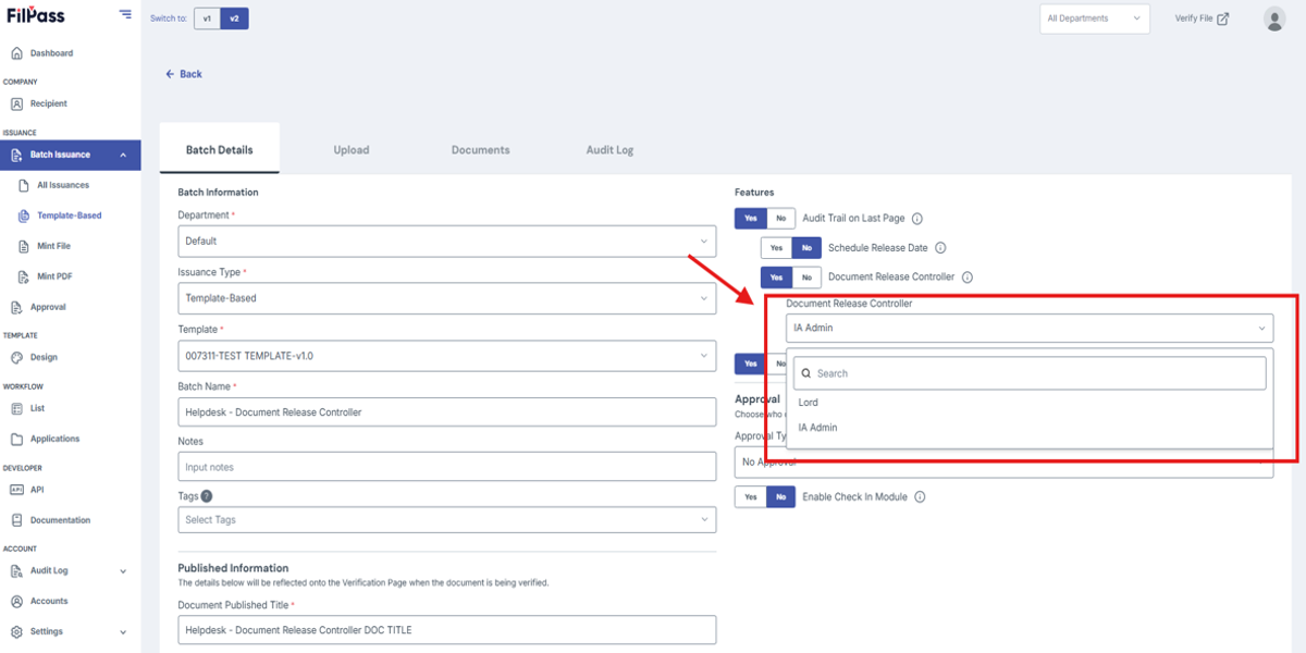 Image of Create Batch page with the Document Release Controller dropdown and its choices highlighted in a red box