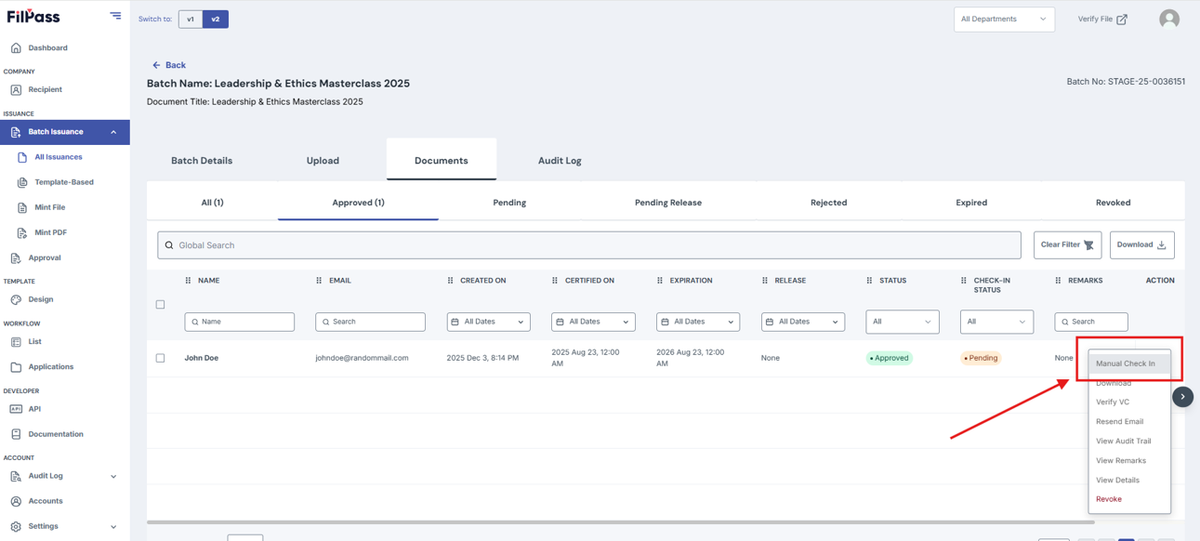 Image of Documents page with the Manual Check-in button highlighted in a red box