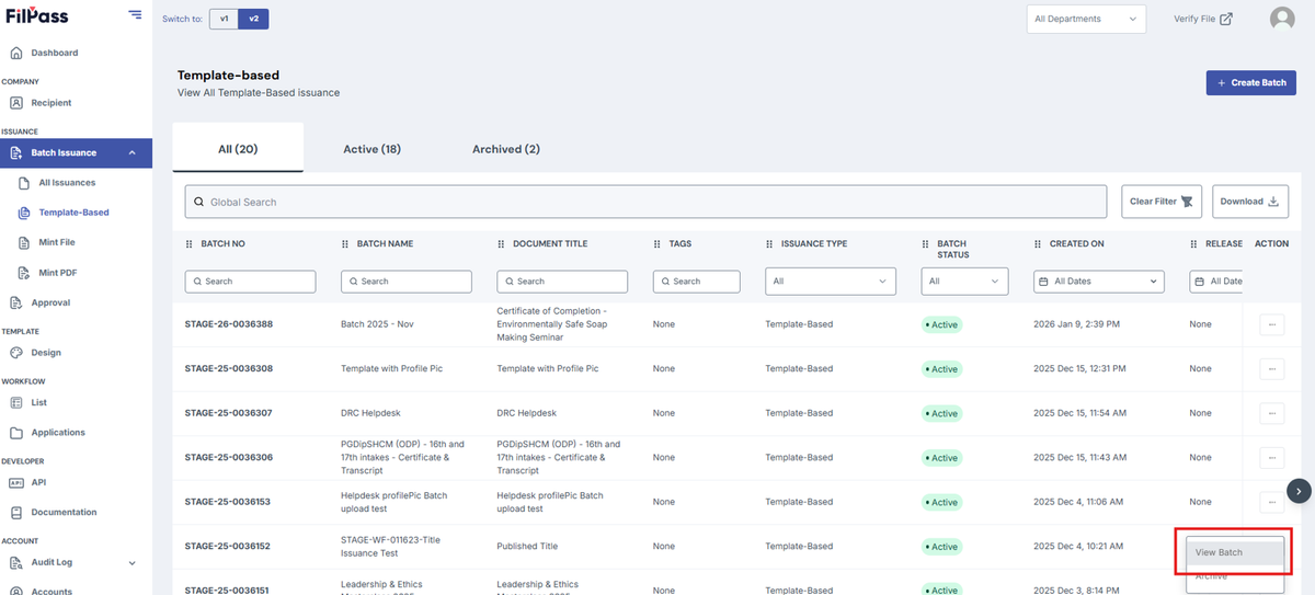 Image of Template Based issuances page with View batch button highlighted by a red box