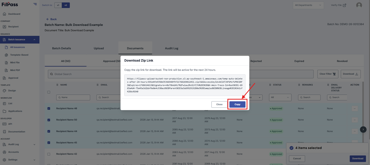 Image of Download Zip Link Modal with the Copy button highlighted in a red box