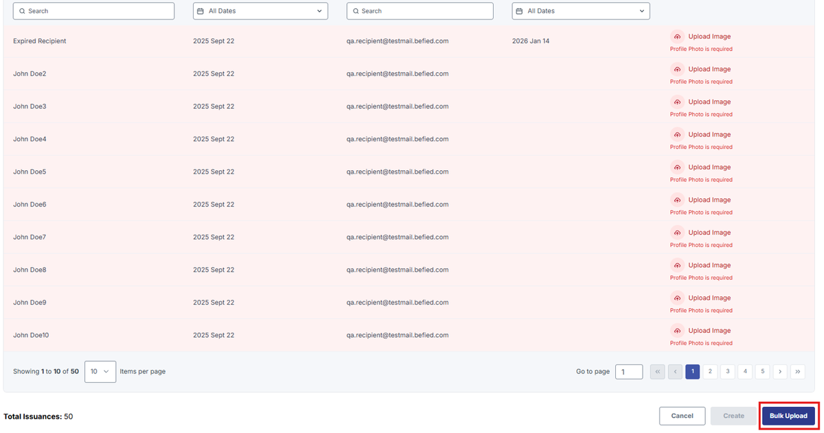 Image of Upload page with Bulk Upload button highlighted in a red box