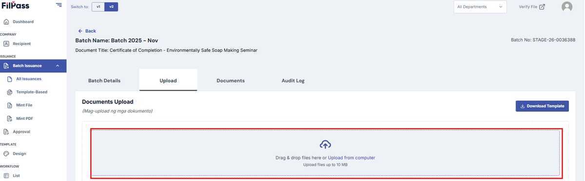 Image of Upload page with "Drag & drop files here or Upload from computer" section highlighted with a red box