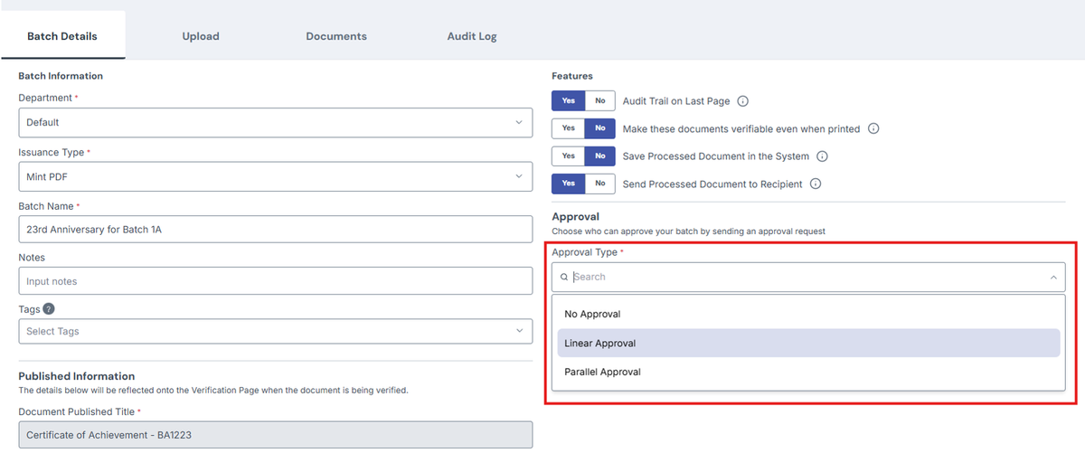 Image of Approval Type field dropdown and its choices highlighted in a red box