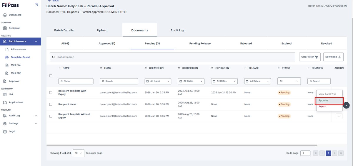 Image of Upload page with the Approve button highlighted in a red box