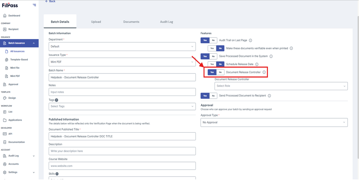 Image of Create Batch page with Mint PDF issuance and with Document Release Controller highlighted in a red box
