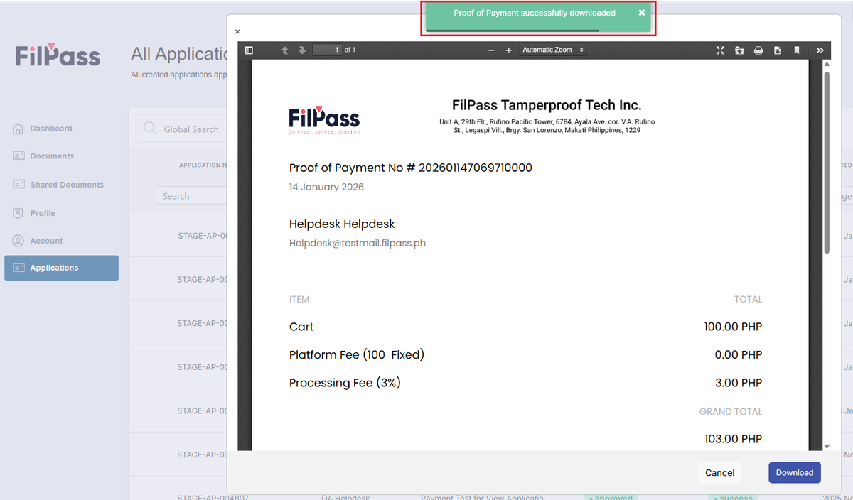 Image of the Proof of Payment modal with the success message highlighted in a red box