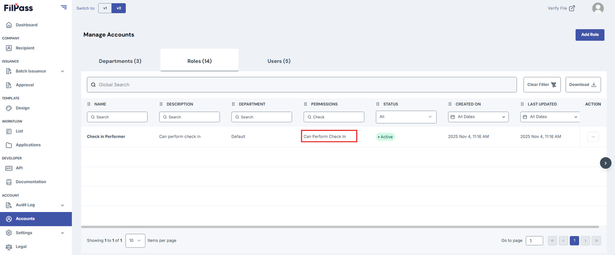 Image of the Accounts page with the permission "Can Perform Check In" highlighted in a red box