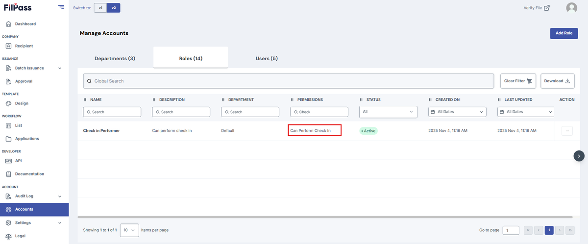 Image of the Accounts page with the permission "Can Perform Check In" highlighted in a red box