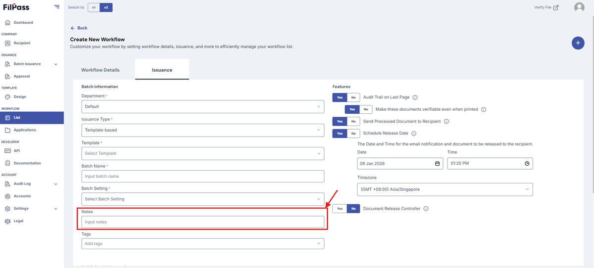 Image of the Issuance Page with the Notes field highlighted in a red box