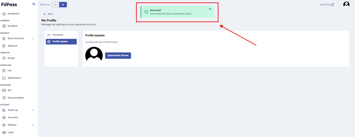 Image of Profile Update page with the pop up message of the user photo successfully saved.