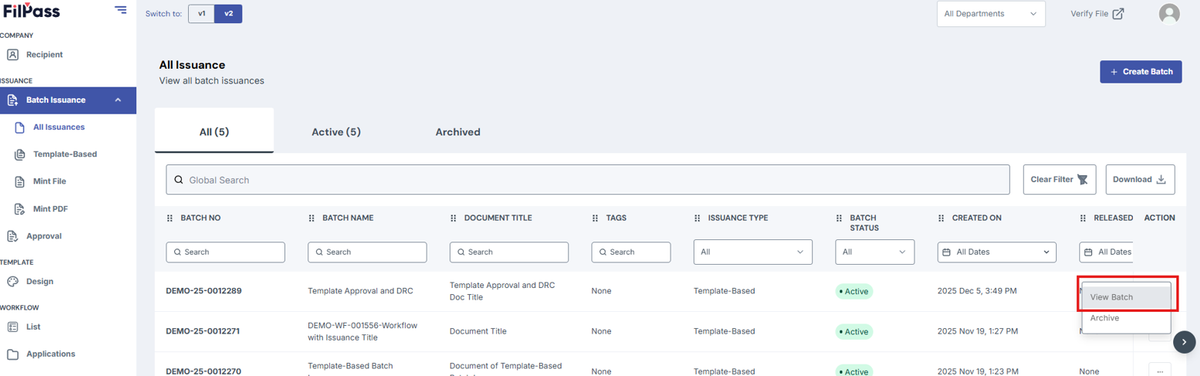 Image of All Issuance page with the View Batch highlighted by a red box