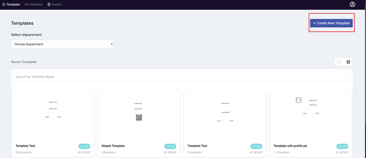 Image of the Template Design page with the Create new template button highlighted in a red box