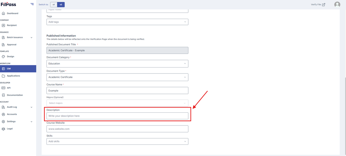Image of the Issuance page with the Description field highlighted in a red box
