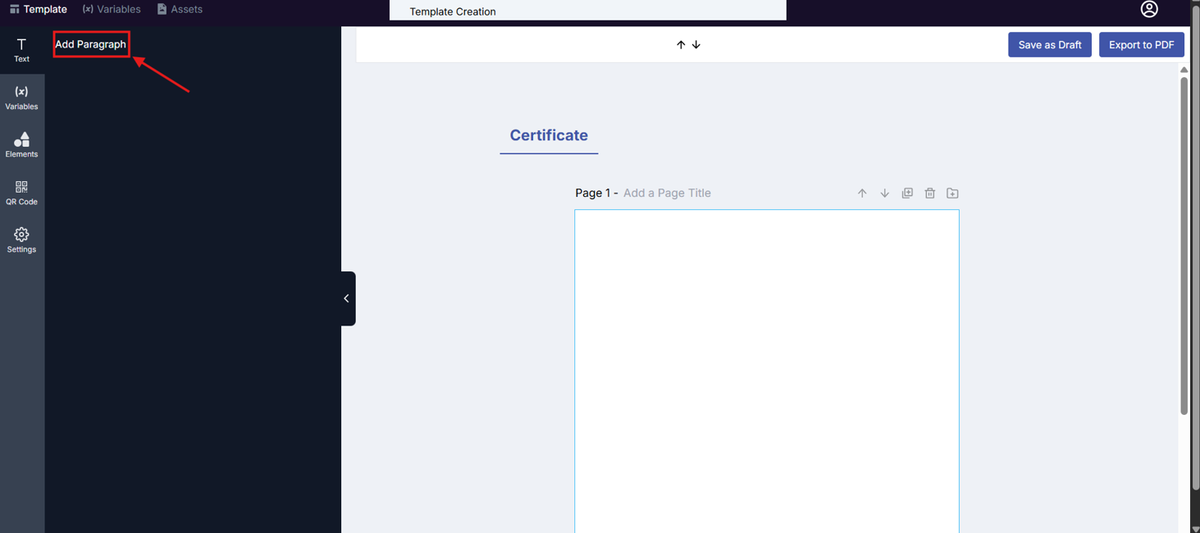 Image of the Template Design page with the Add Paragraph button highlighted in a red box