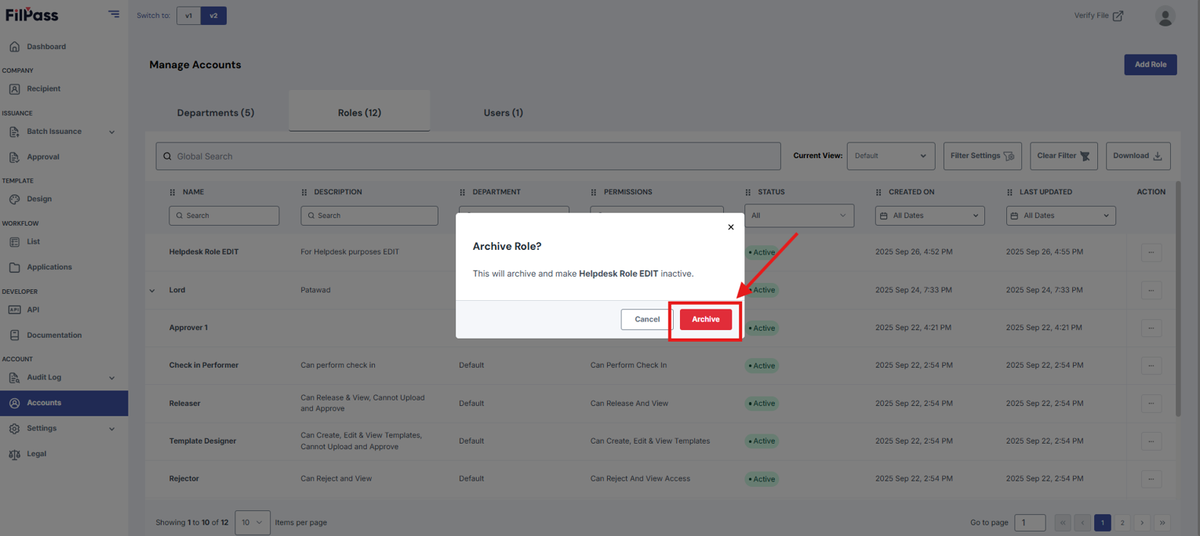 Image of the Archive Role pop-up modal with the Archive button being highlighted.