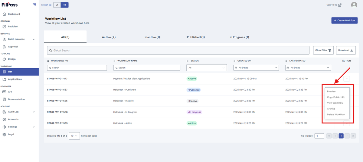 Image of the Workflow page with the Action button options highlighted in a red box