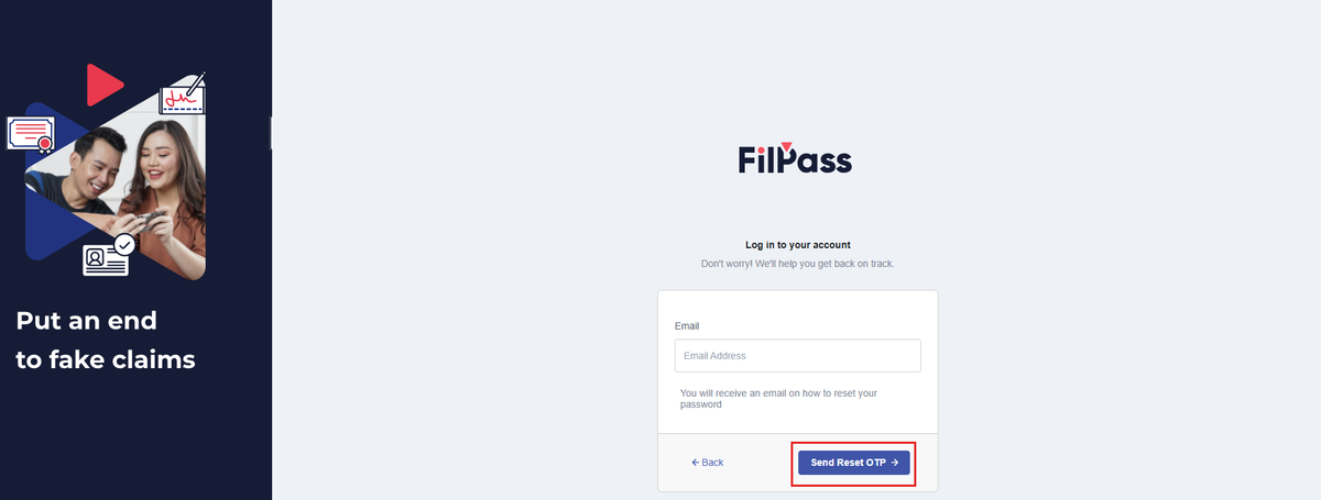 Image of the Forgot password page with the Send Reset OTP button highlighted in a red box