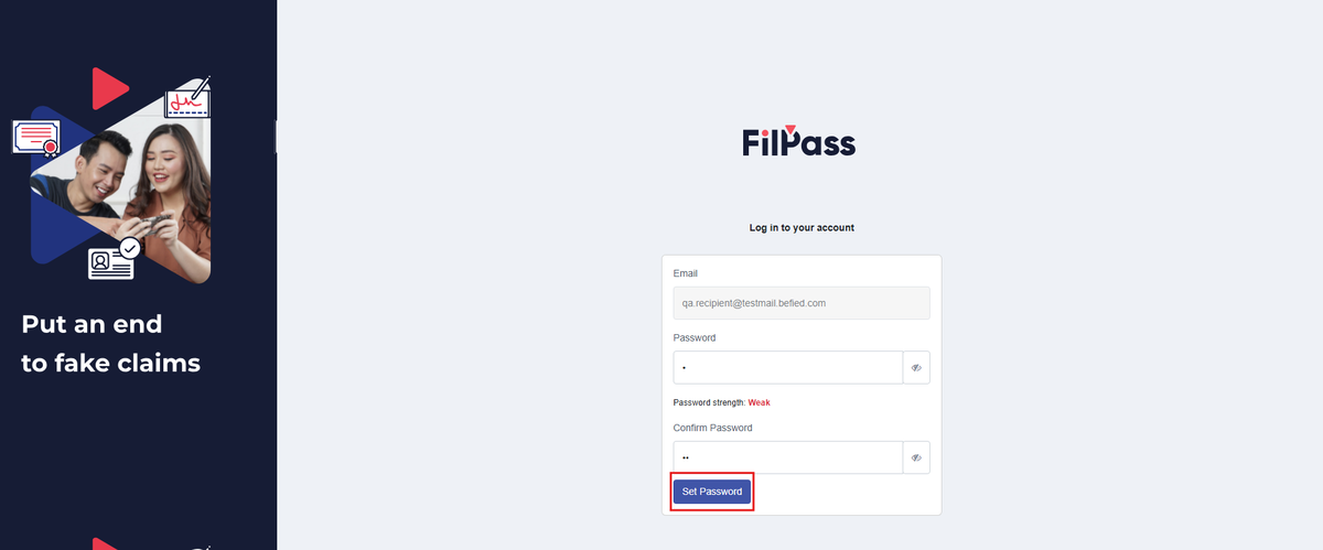 Image of the Set password page with the Set Password button highlighted in a red box