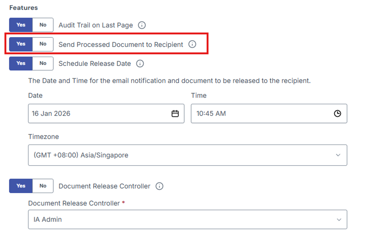 Image of Feature section with "Send Processed Document to Recipient" feature highlighted in a red box