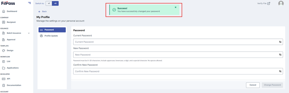 Image of the successful pop-up modal