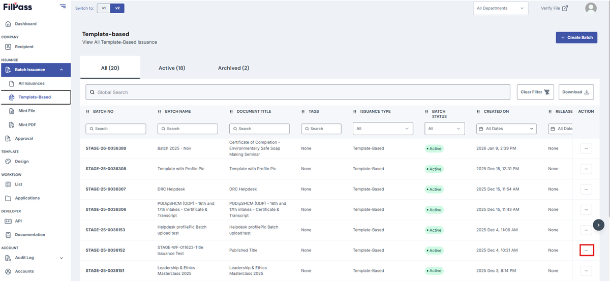 Image of Template Based issuances page with the Action button highlighted with a red box
