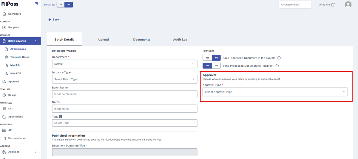 Image of Create Batch with the Approval section highlighted in a red box