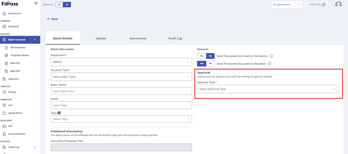 Image of Create Batch with the Approval section highlighted in a red box