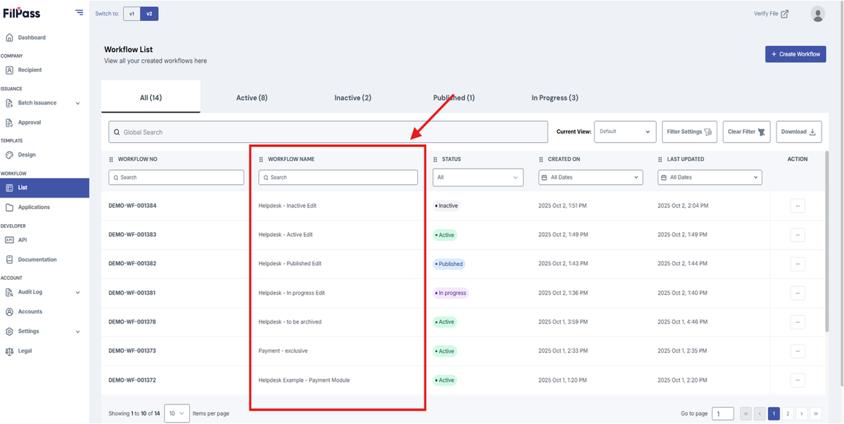 Image of the Workflow List page with the Workflow Name highlighted in a red box
