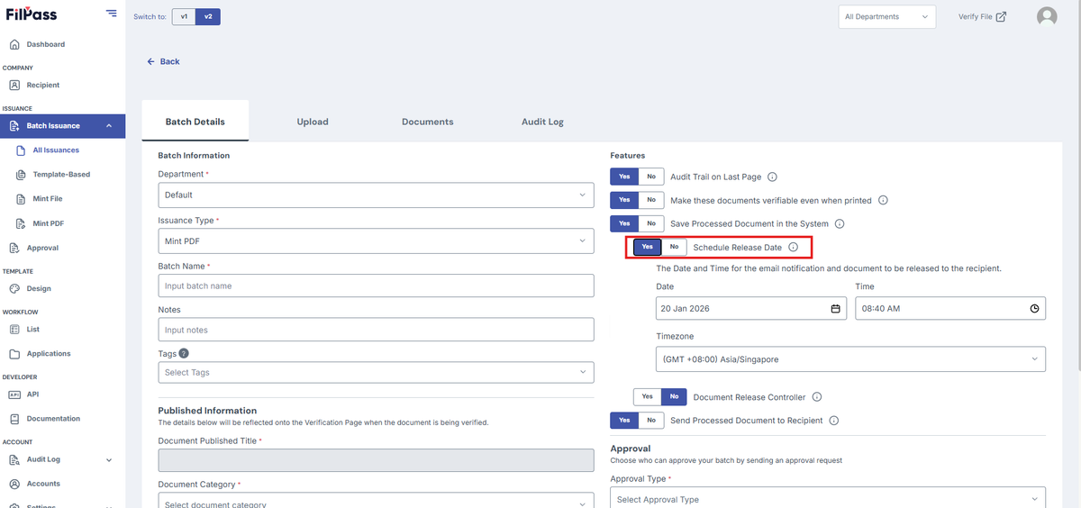 Image of Create Batch with Mint PDF issuance page with the Scheduled Release Date highlighted in a red box