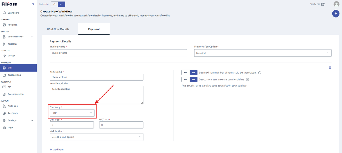 Image of the Payment tab with the Currency field highlighted in a red box