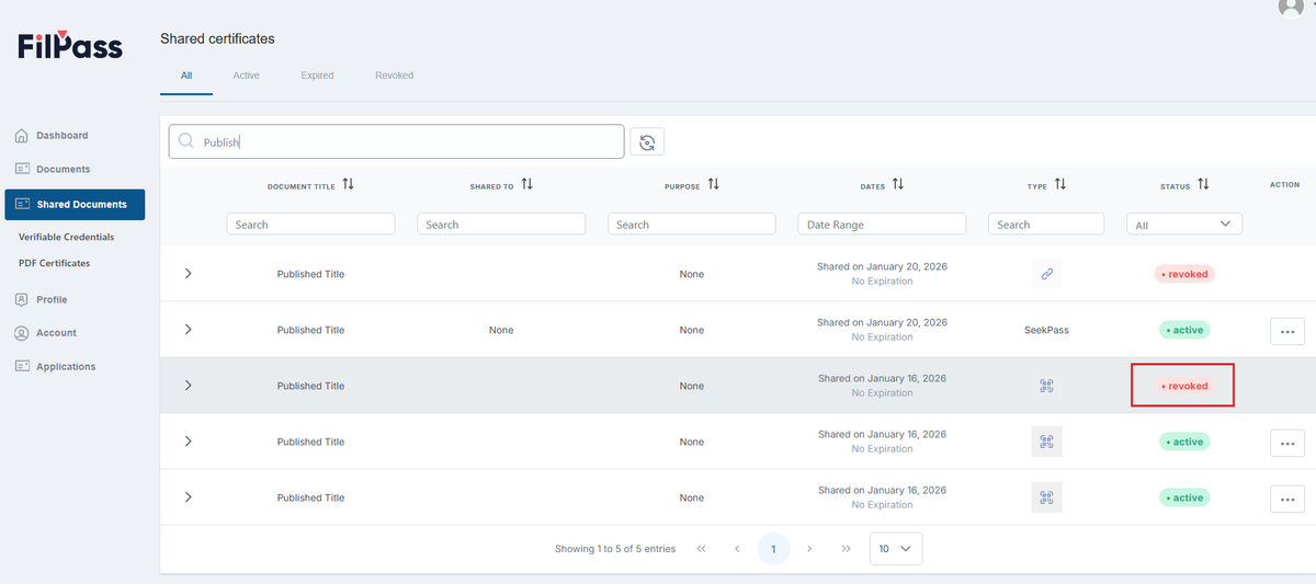 Image of the Shared Documents page with the status Revoked highlighted in a red box