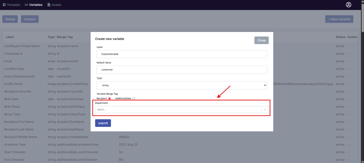 Image of the Create New variable modal with the Department field highlighted in a red box