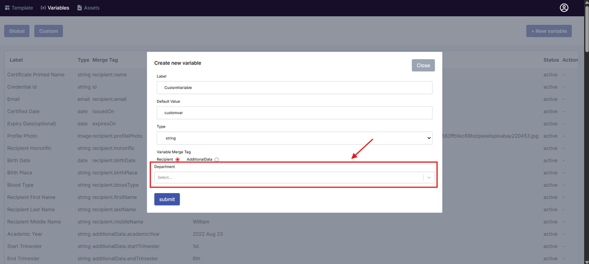 Image of the Create New variable modal with the Department field highlighted in a red box