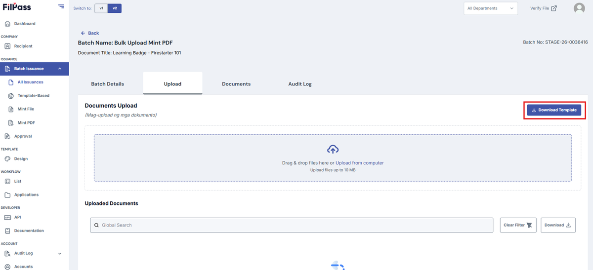Image of Upload page with the Download template button highlighted by a red box