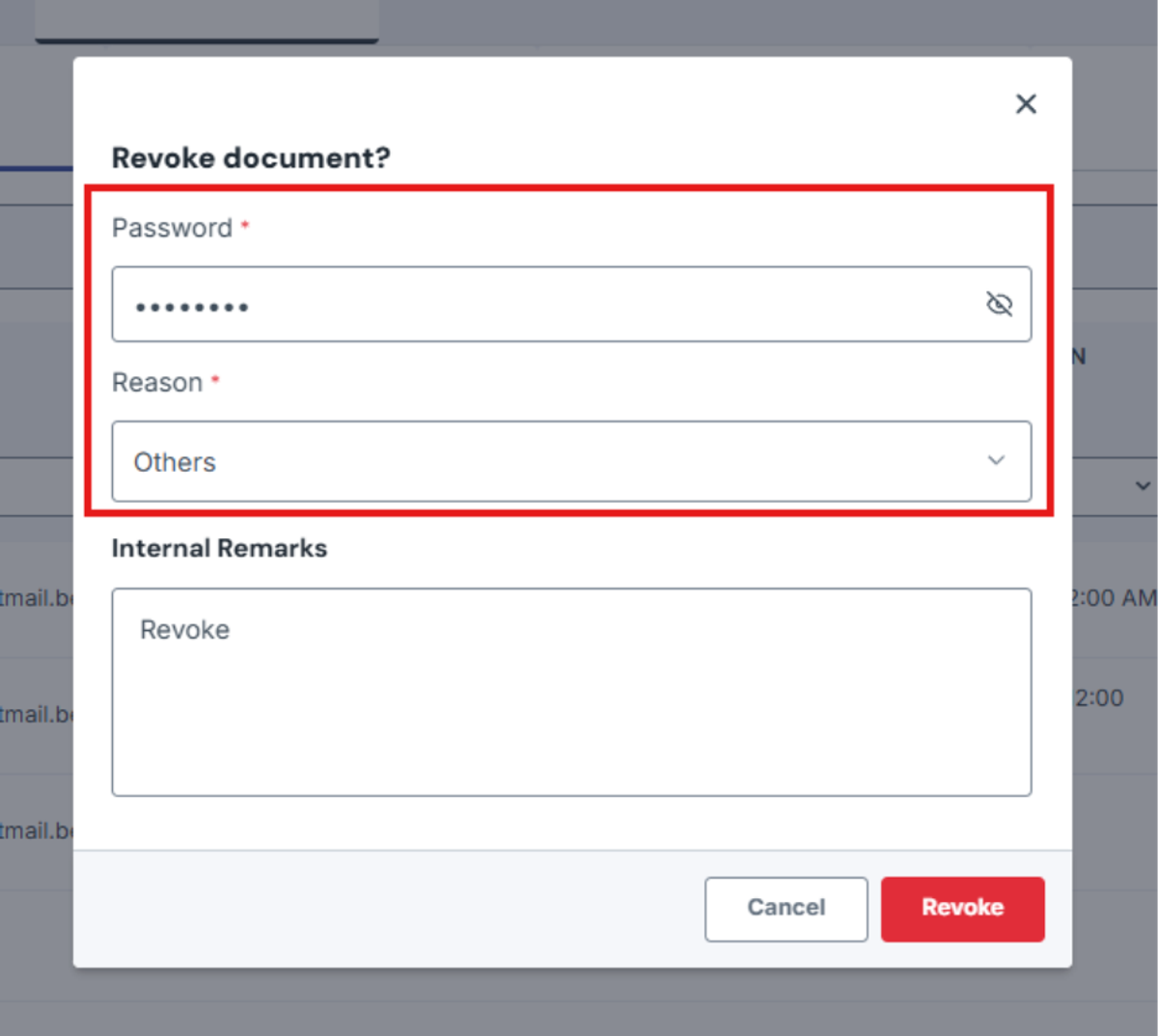 Image of Revoke confirmation modal with Password and Reason fields highlighted with a red box 