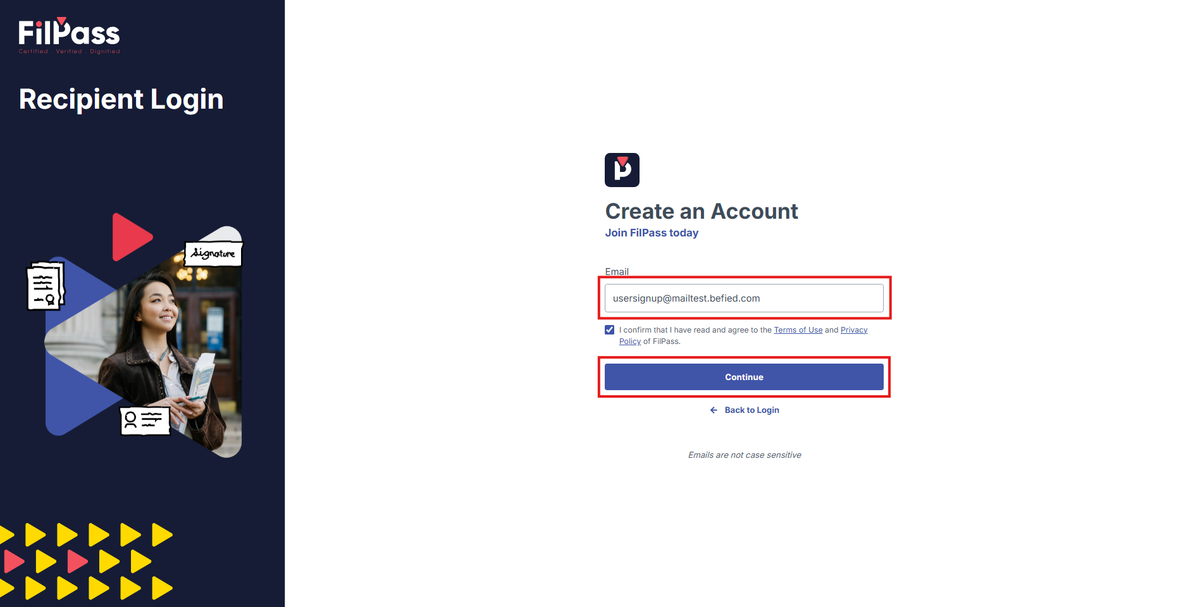 Image of the Signup page with the Email field and Continue button highlighted in a red box
