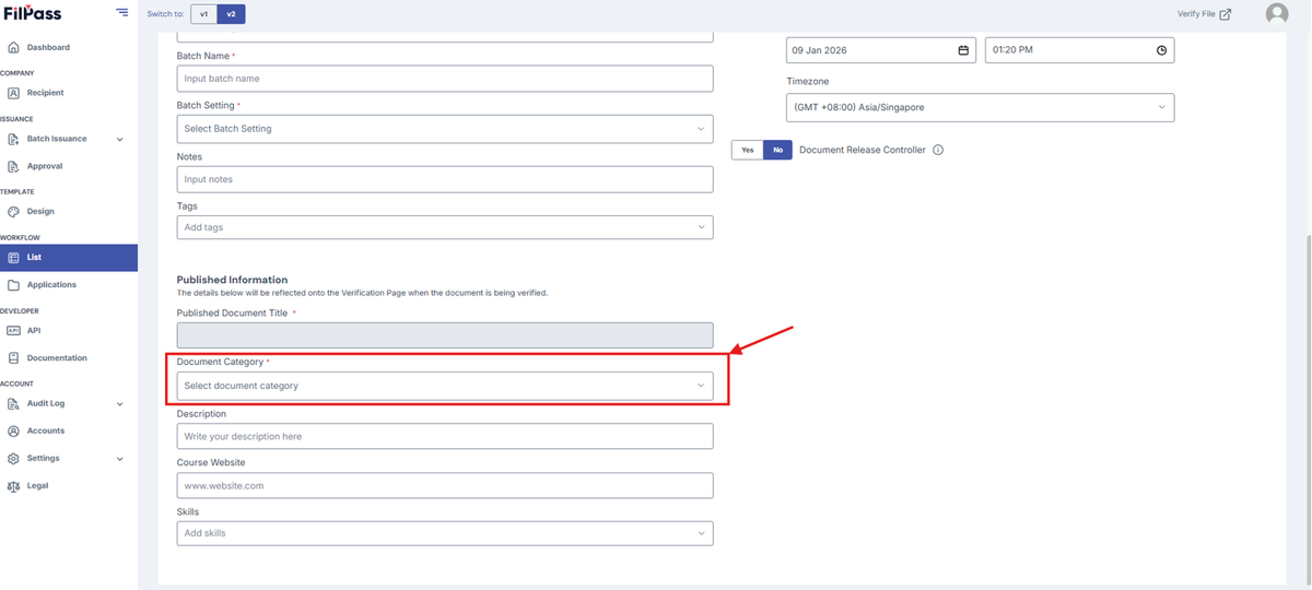 Image of the Issuance page with the Document Category field highlighted in a red box