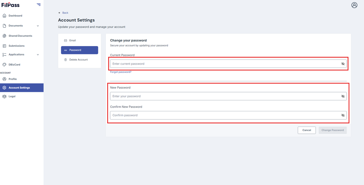 Image of the Account page with the New Password and Confirm New Password fields highlighted in a red box