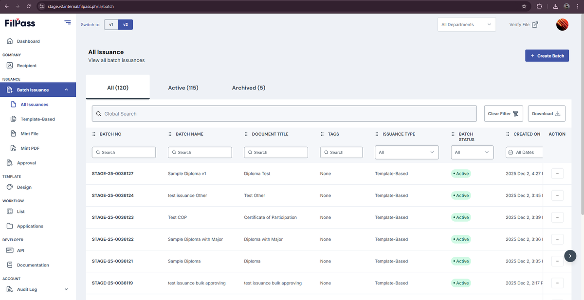 sample batch issuance table